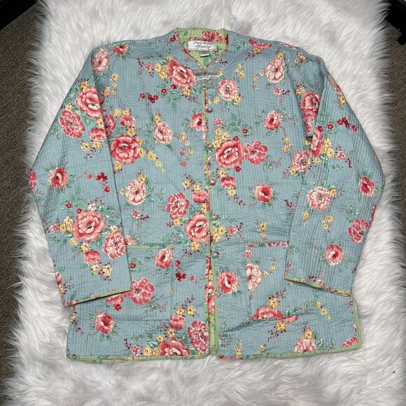 SAM HILU'S CLASSICS REVERSIBLE QUILTED JACKET FLORAL BLUE / GREEN - Picture 1 of 10